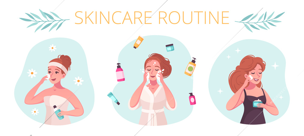 Skincare routine 3 cartoon compositions with woman using facial cleanser nourishing oil rich night cream vector illustration