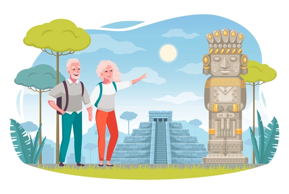 Tourism and aging elderly people travelers cartoon composition with senior couple enjoying sightseeing vector illustration