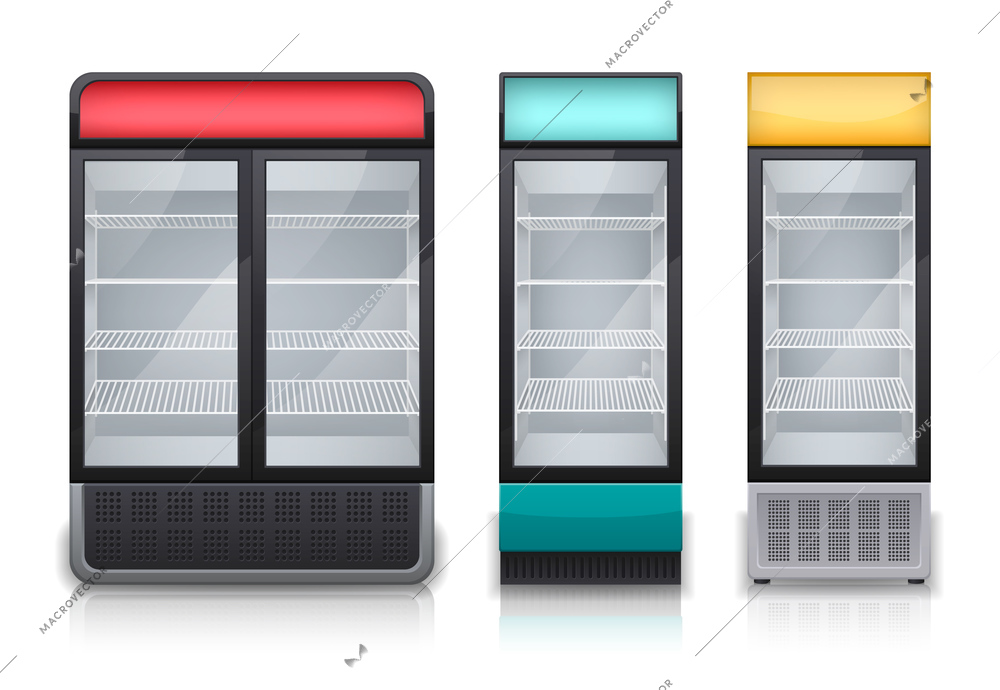 Commercial drink fridges with one or two display doors and colorful panels realistic set isolated vector illustration