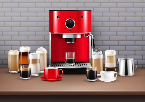 Coffee drinks realistic background with coffee machine and cup vector illustration