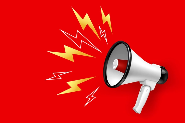 Loudspeaker and megaphone with lightings on red background realistic vector illustration