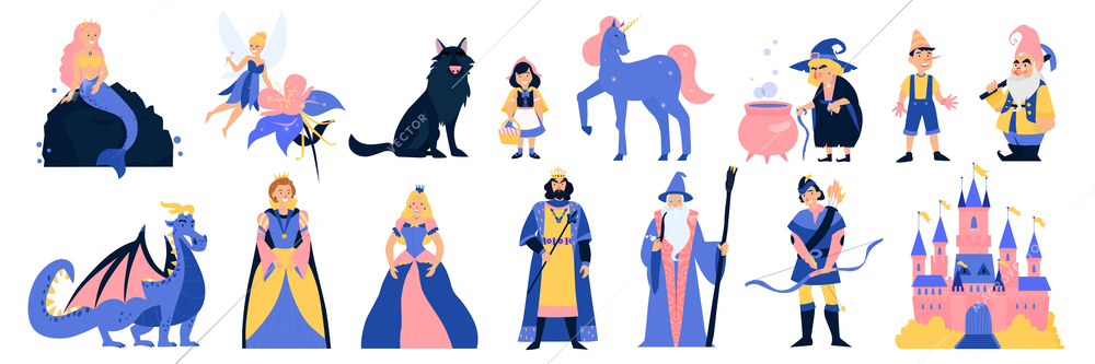 Fairy tale characters cartoon set of  king queen princess mermaid  dragon unicorn little red riding hood with wolf isolated vector illustration