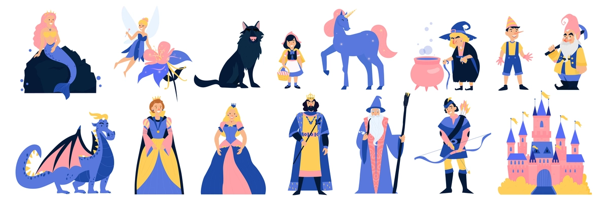 Fairy tale characters cartoon set of  king queen princess mermaid  dragon unicorn little red riding hood with wolf isolated vector illustration