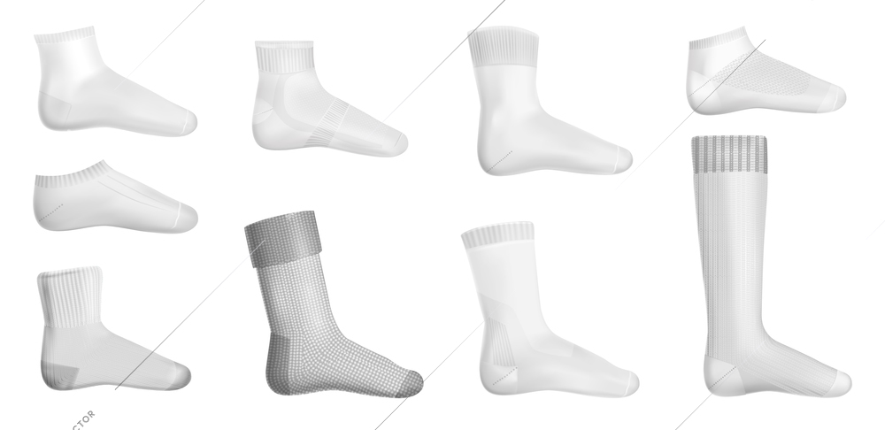 Different types of sock with low cut mid calf over calf and knee socks isolated layouts realistic vector illustration