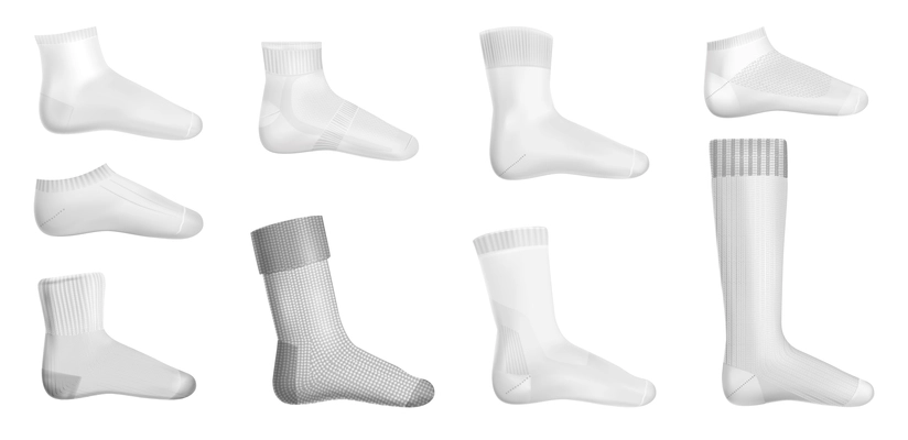 Different types of sock with low cut mid calf over calf and knee socks isolated layouts realistic vector illustration