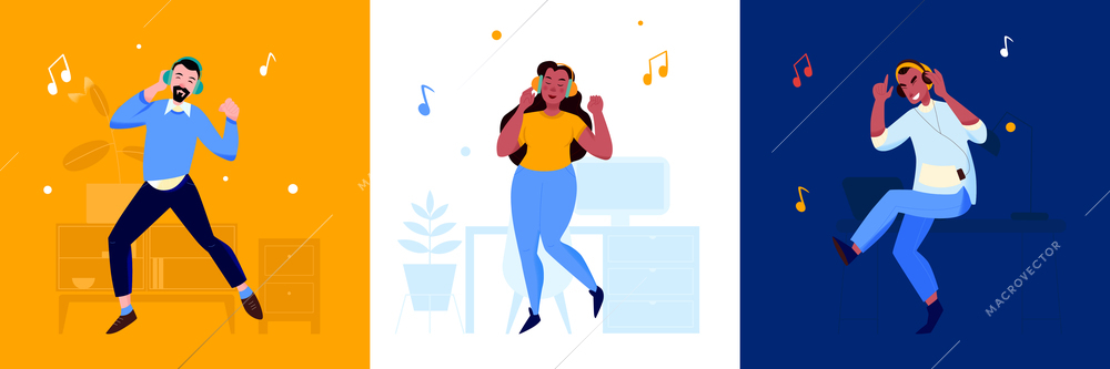 Three flat square compositions with funny dancing people listening to music by headset isolated vector illustration