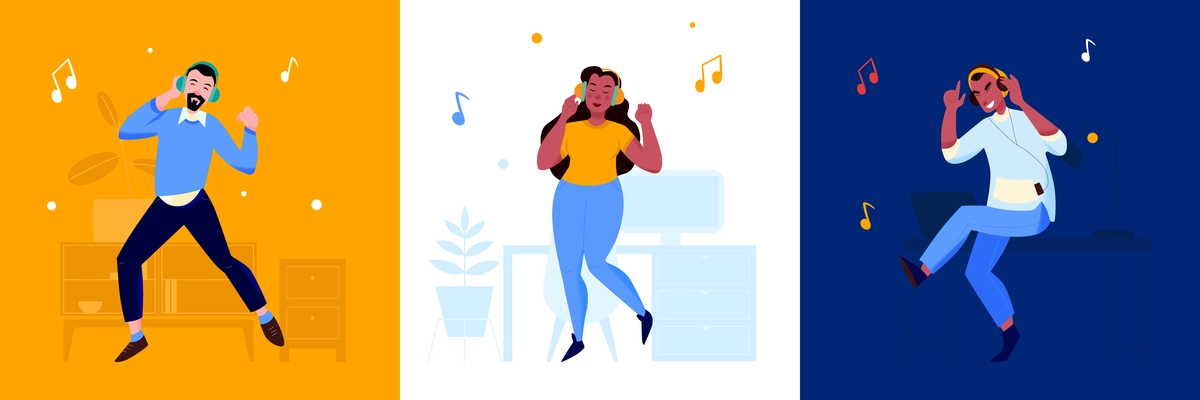 Three flat square compositions with funny dancing people listening to music by headset isolated vector illustration