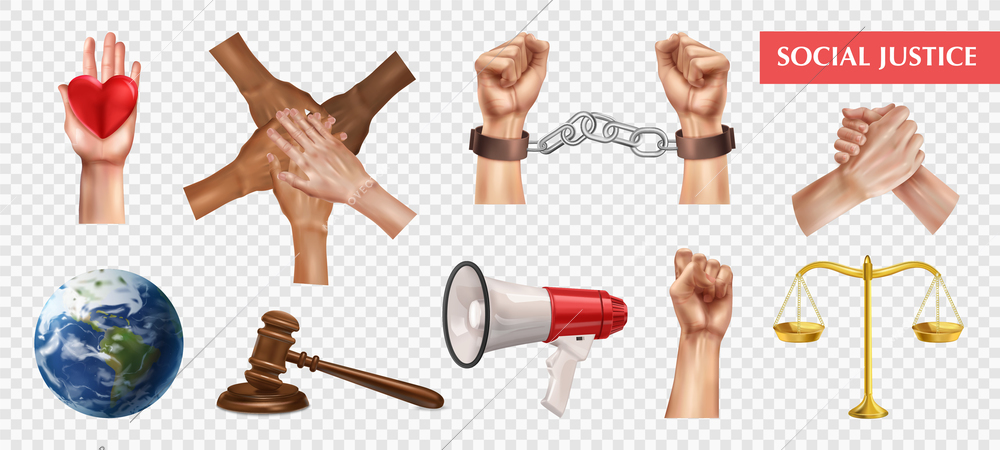 Social justice transparent set of  human fist raised in protest judge gavel scales globe realistic icons isolated vector illustration