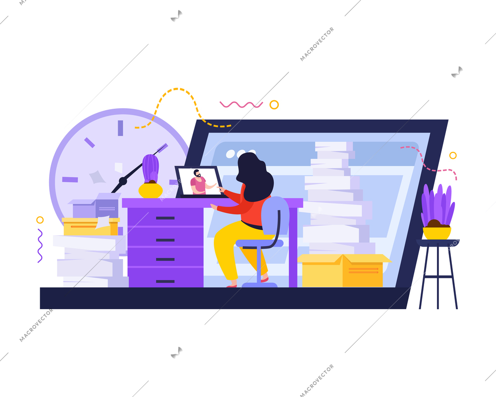 Business space flat composition with view of workspace with woman sitting at table computer and paperwork vector illustration