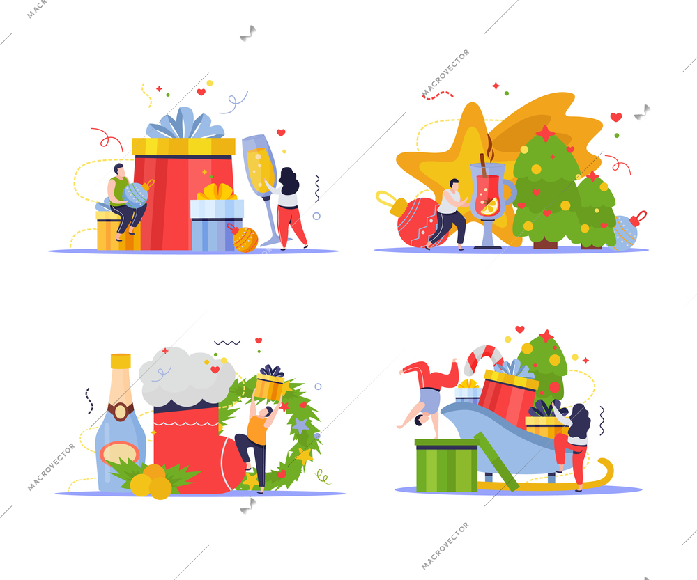 Set of 4x1 isolated merry christmas and happy new year compositions with ribbons gifts and people vector illustration