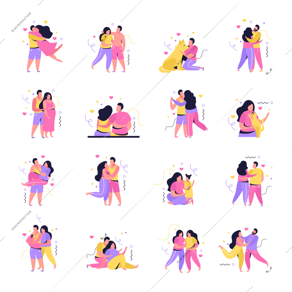 Hug day flat icons collection with isolated characters of lovers with abstract shapes and love signs vector illustration