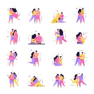 Hug day flat icons collection with isolated characters of lovers with abstract shapes and love signs vector illustration