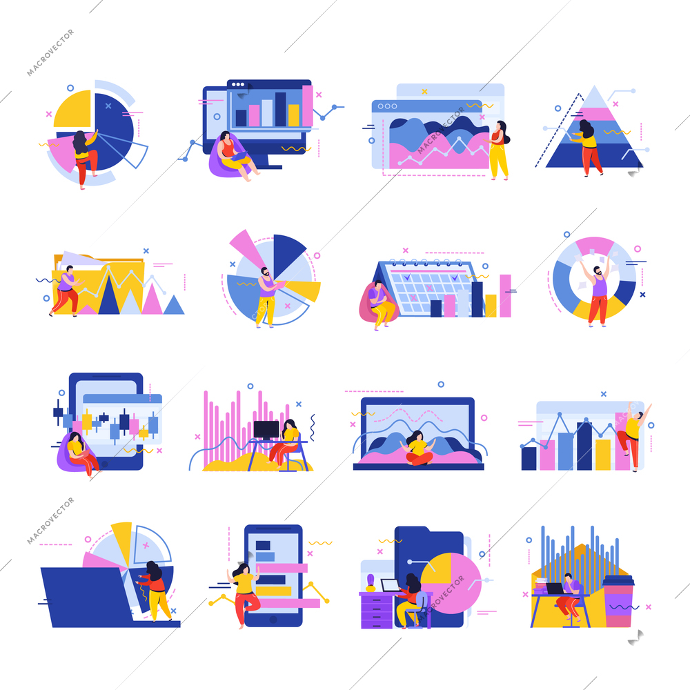 Data analysis flat set of isolated icons of documents people with various graphs and linear charts vector illustration