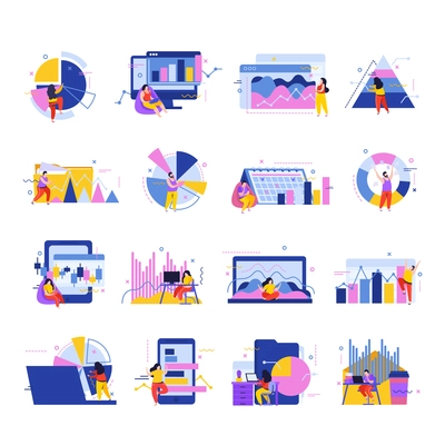 Data analysis flat set of isolated icons of documents people with various graphs and linear charts vector illustration