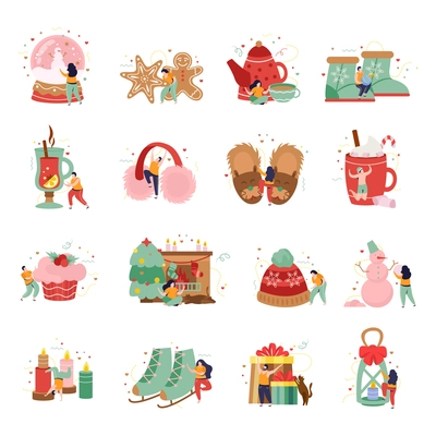 Happy winter set of flat icons and isolated images of warm clothes gifts and human characters vector illustration