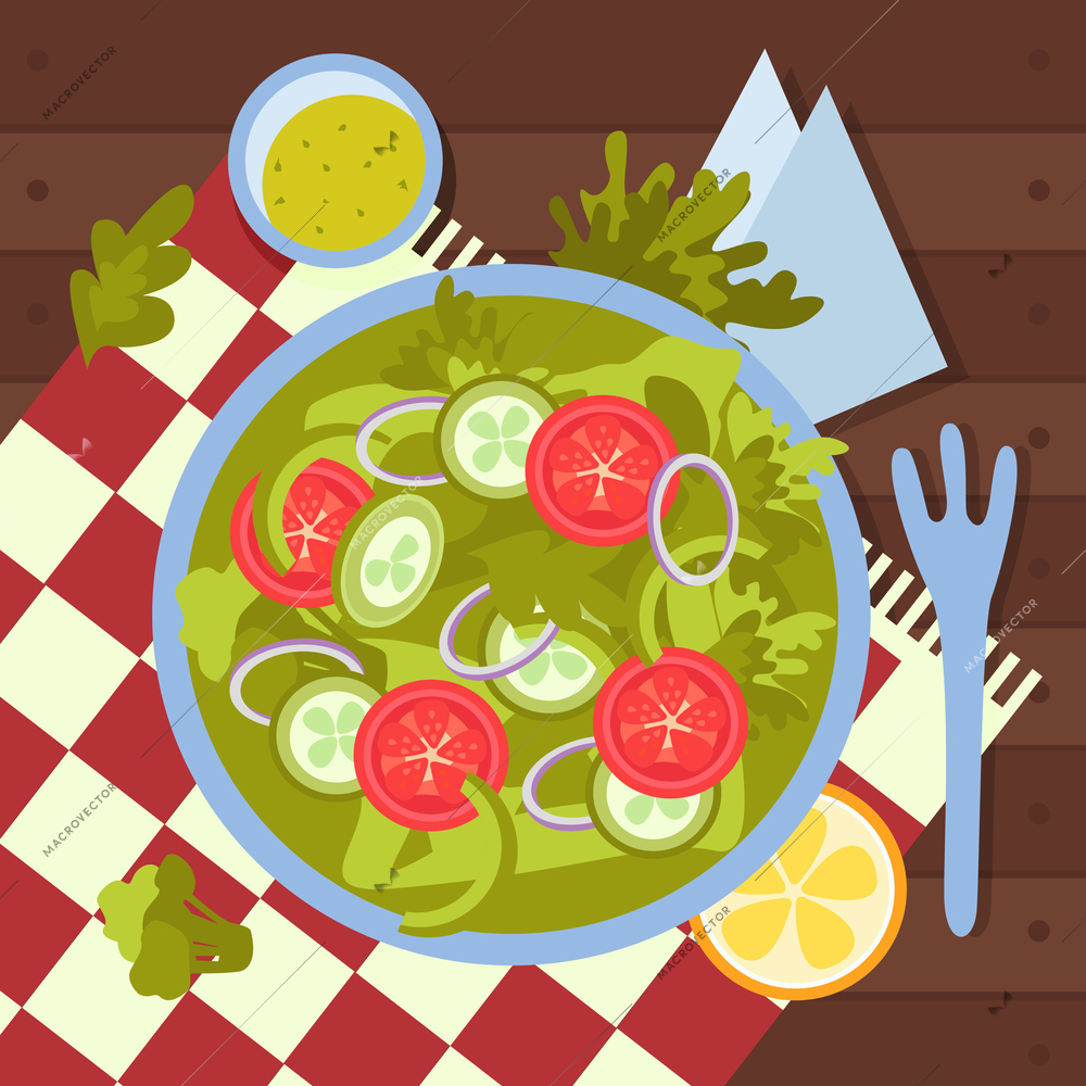 Vegan food composition with top view of served dish with vegetables slices of tomatoes and salad vector illustration