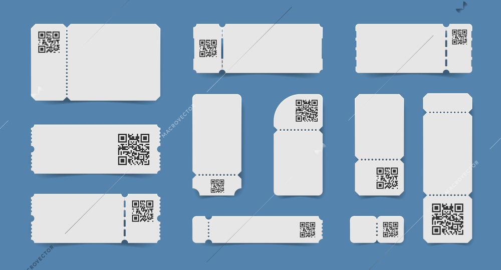 Set of isolated realistic empty ticket mockup coupons with qr codes printed on tear off stubs vector illustration