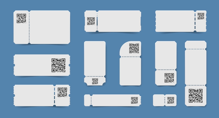 Set of isolated realistic empty ticket mockup coupons with qr codes printed on tear off stubs vector illustration