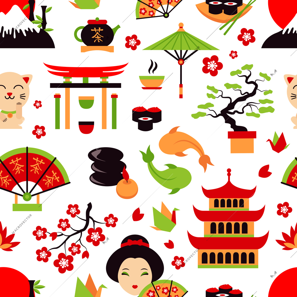 Japan symbols set with traditional food and travel icons seamless pattern vector illustration