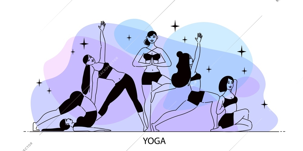 Line art woman yoga composition with icons of stars and female figures on gradient spots background vector illustration