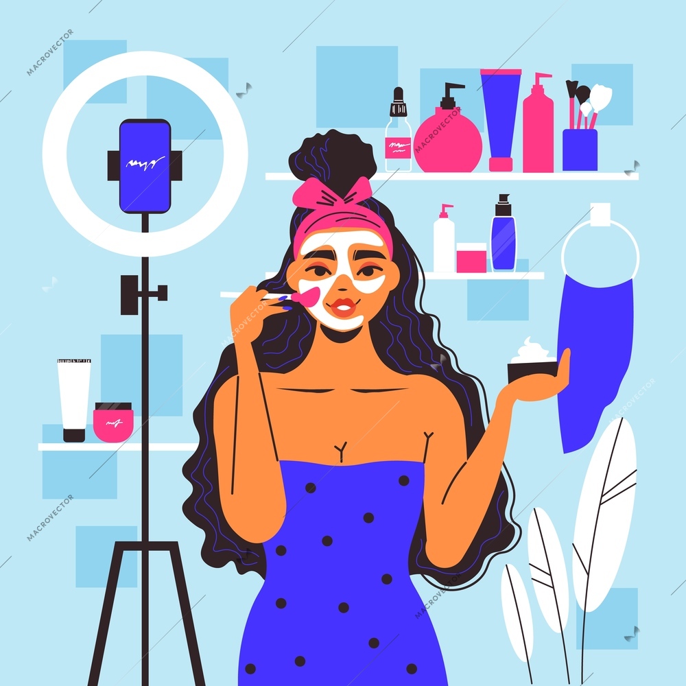 Cosmetology woman composition with view of makeup space with creams scrubs and beauty video blogger character vector illustration