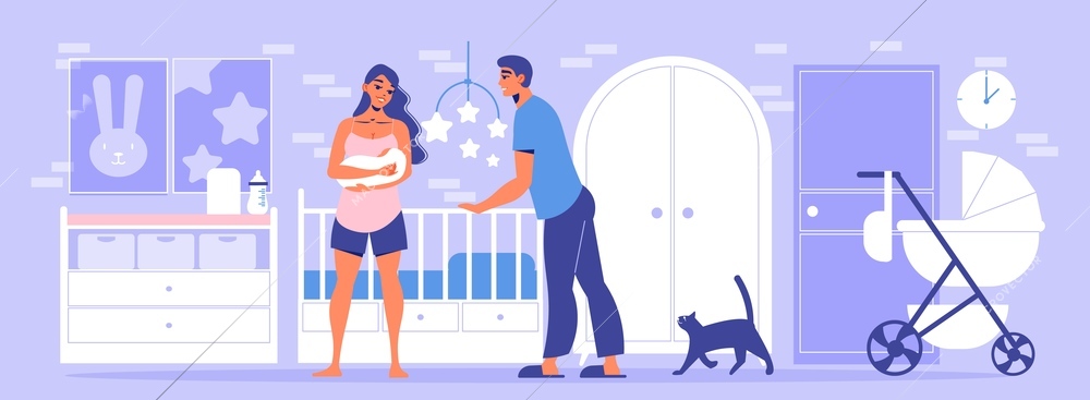 Pregnant motherhood composition with view of home interior with man and woman cradling baby in arms vector illustration