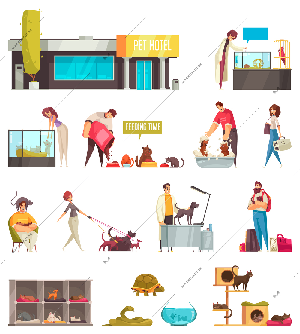 Pet sitter service set with isolated icons and images of pets with cradles and human characters vector illustration