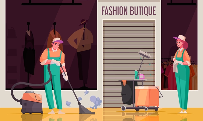 Cleaning composition with view of fashion boutique store front with human characters of cleaners in uniform vector illustration