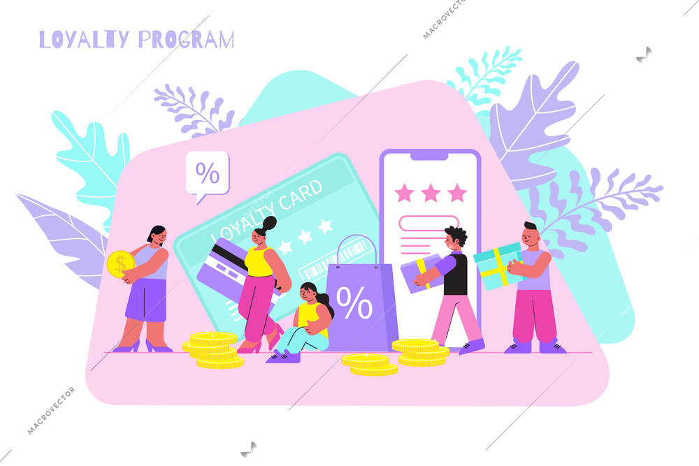 Loyalty program flat vector illustration with loyalty card smartphone coins sale icons and people carrying purchases