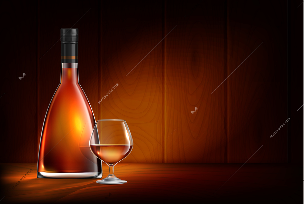 Brandy cognac whiskey glass bottles realistic composition with wooden walls and stylish glowing bottle with glass vector illustration