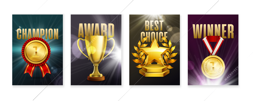 Set of four vertical posters with images of realistic awards with medals cups and palm star vector illustration