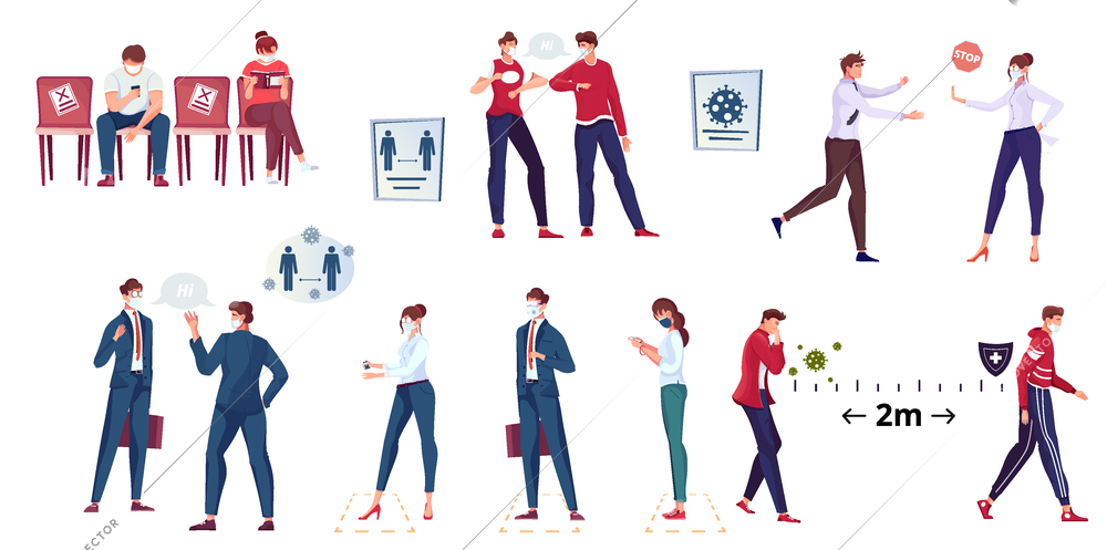 Social distance set with isolated characters of people at safe amount of distance with flat icons vector illustration