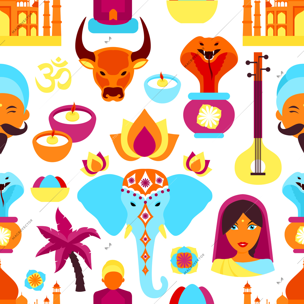 India travel culture religion symbols seamless pattern vector illustration