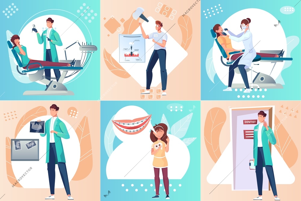 Dentistry set of square compositions with flat images of dental surgeons apparatus and characters of dentists vector illustration