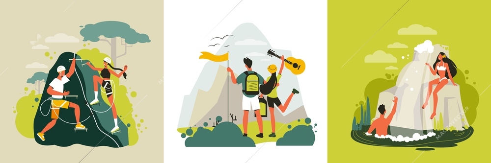 Hiking design concept with set of square compositions with lovers couple of travelers in different locations vector illustration