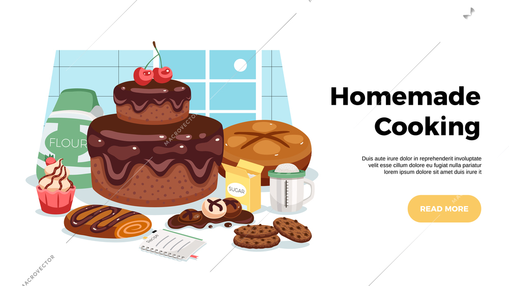 Homemade cooking horizontal web banner with art composition of ready made delicious sweet pastries flat vector illustration