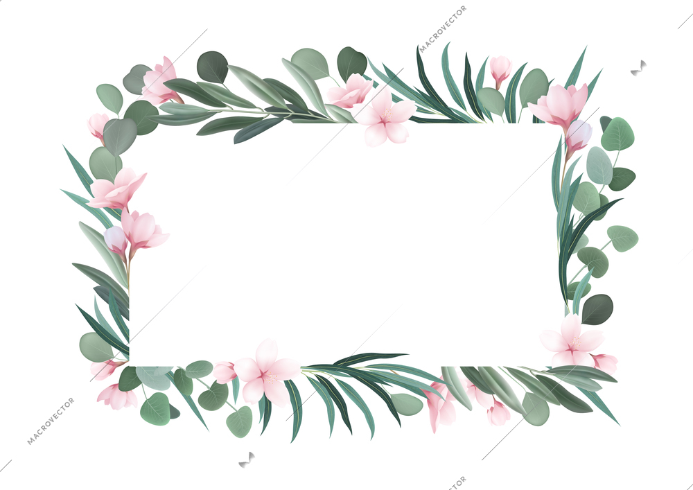 Rectangular romantic frame with pink flowers and green leaves of different shape on white background vector illustration