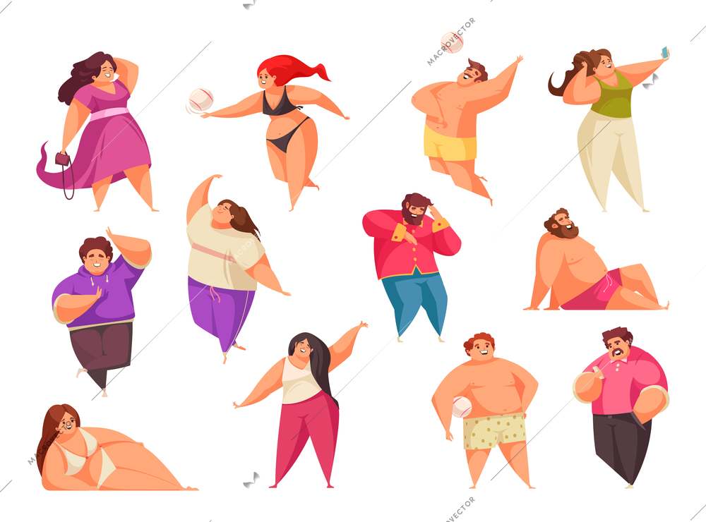 Body positive icon set with woman and man enjoy life and do their own thing vector illustration