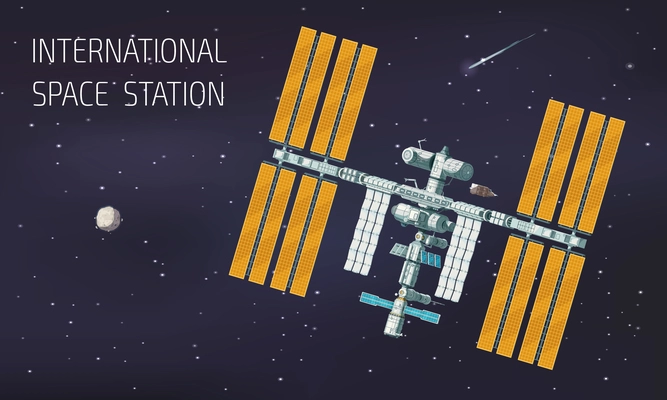 Flat orbital international space station illustration station in space near planet and comet vector illustration