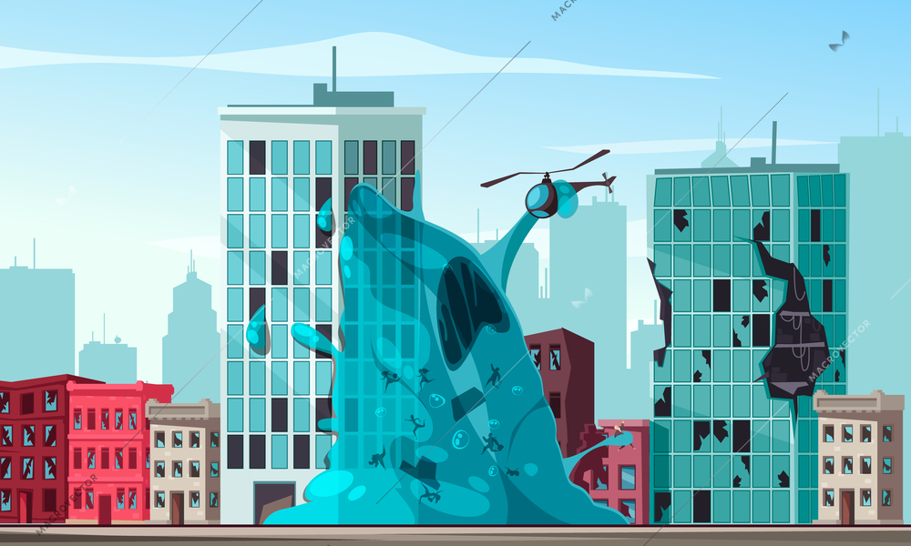 Blue slime alien attacking city and holding helicopter cartoon vector illustration