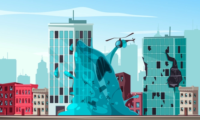 Blue slime alien attacking city and holding helicopter cartoon vector illustration