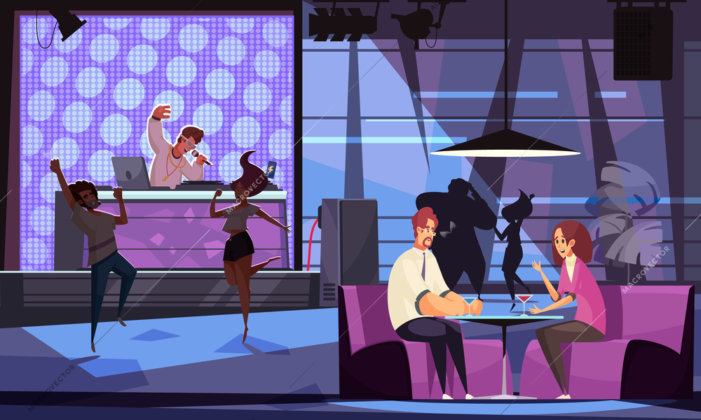 People dancing and relaxing in bar with dj and live music cartoon vector illustration