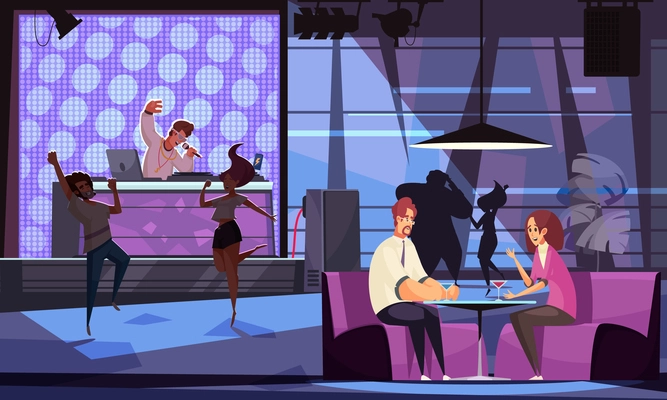 People dancing and relaxing in bar with dj and live music cartoon vector illustration