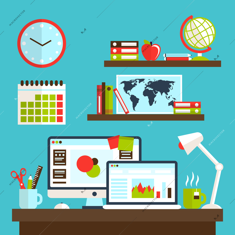 Office workstation with personal computer lamp and stationery vector illustration