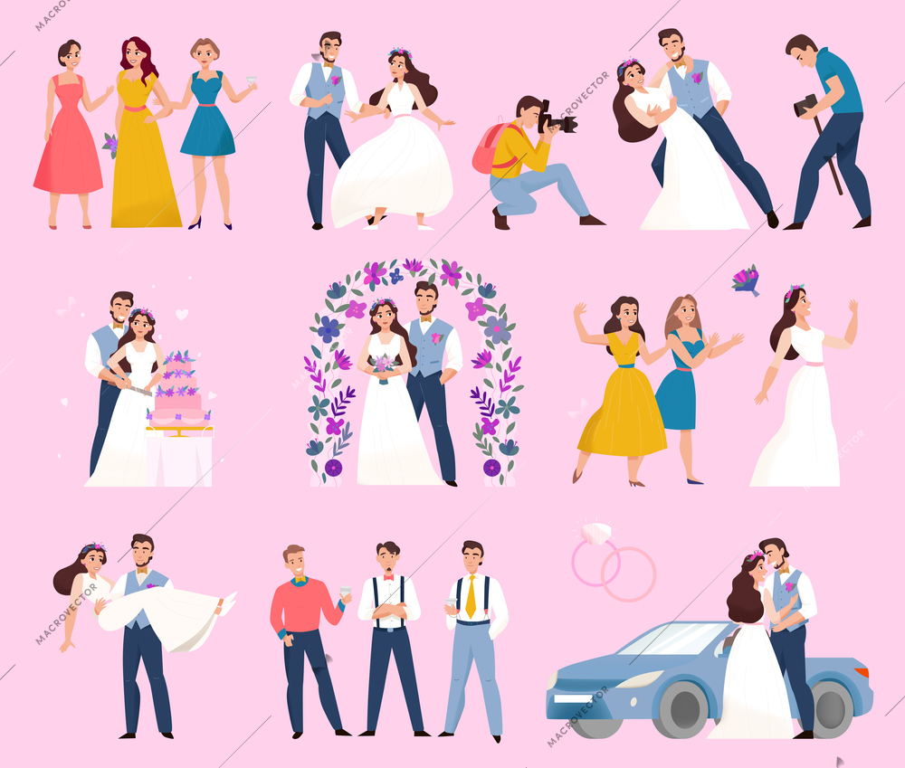 Wedding day color set with marriage ceremony flower arch bridal bouquet kiss photographer pink background vector illustration