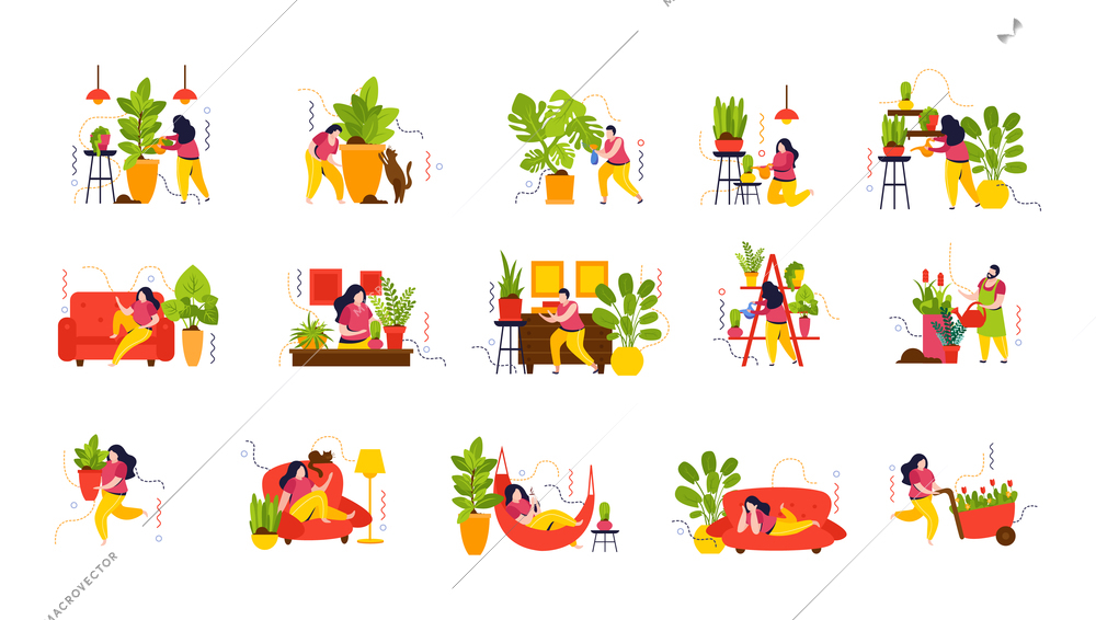 Home garden flat color set of female characters engaged in planting and caring for domestic plants isolated vector illustration