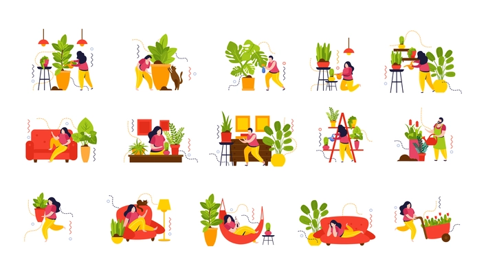 Home garden flat color set of female characters engaged in planting and caring for domestic plants isolated vector illustration