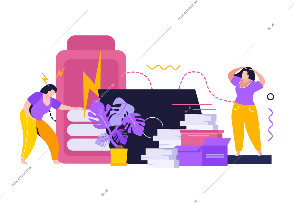 Low energy people flat background with tired women figurines delivery boxes laptop and smartphone icons vector illustration