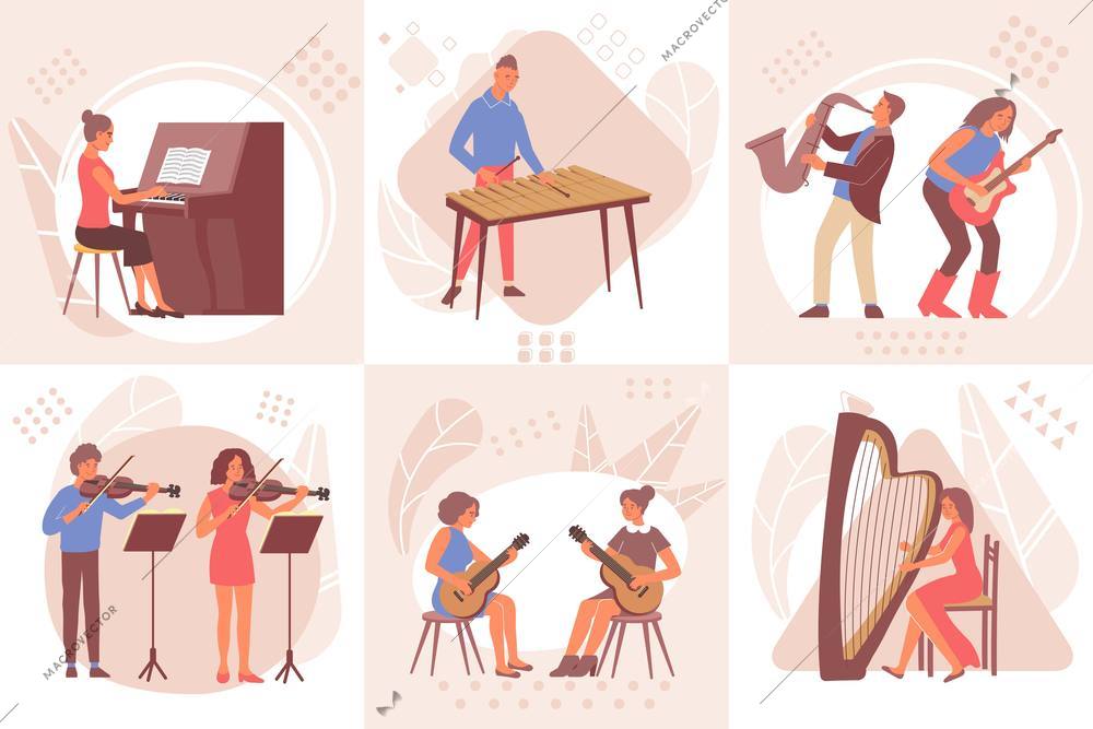 Set of six square learning music compositions with flat doodle characters of people playing musical instruments vector illustration