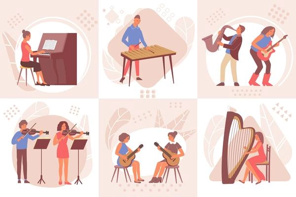Set of six square learning music compositions with flat doodle characters of people playing musical instruments vector illustration